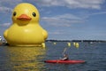 Ã¢â¬ÅRubber DuckÃ¢â¬Â floating placidly in the harbour of Toronto city. Inflatable Yellow Duck displayed in HTO Park in Toronto Royalty Free Stock Photo